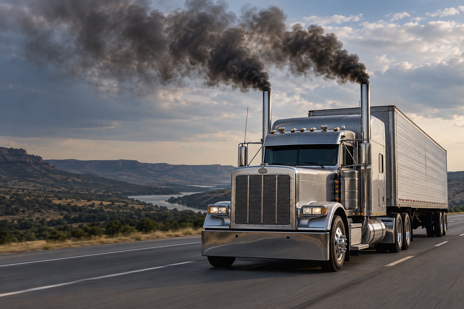 Illustrative semi truck on a Texas interstate with black exhaust smoke from its stacks